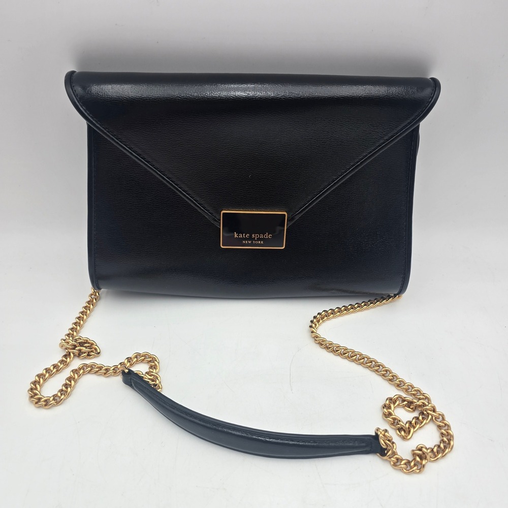 Kate Spade Black Leather Envelope Crossbody Bag Gold Chain Strap